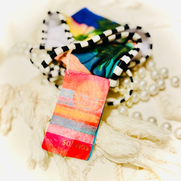 SALINAS | S | High Neck Palm Coral Sunset Bikini Black White Striped Sport Top - Picture 3 of 16